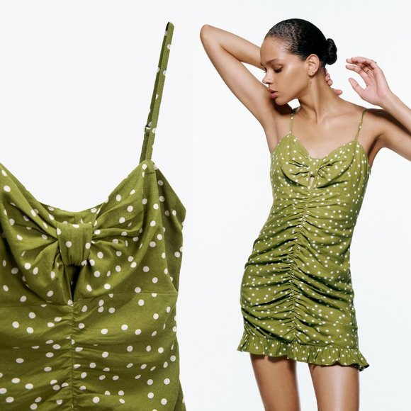 NEW Zara Linen Blend Bow Knot Cutout Polka Dot Draped Ruched Ruffle Mini Dress L - Picture 10 of 10